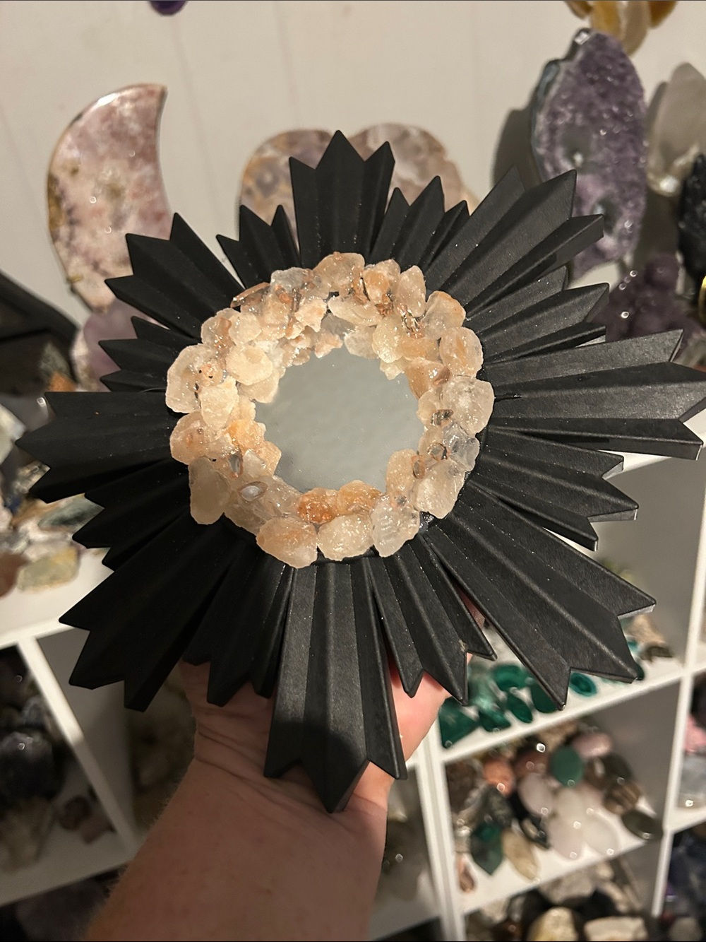 Black Starburst Mirror with Peach Selenite Crystals handmade